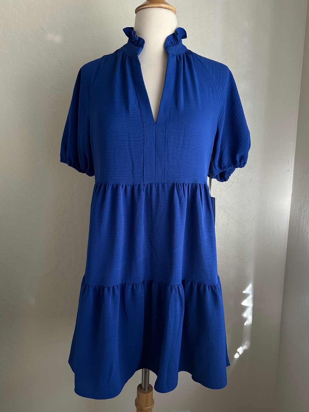 1.STATE Cobalt Blue Ruffled Neck Mini Dress